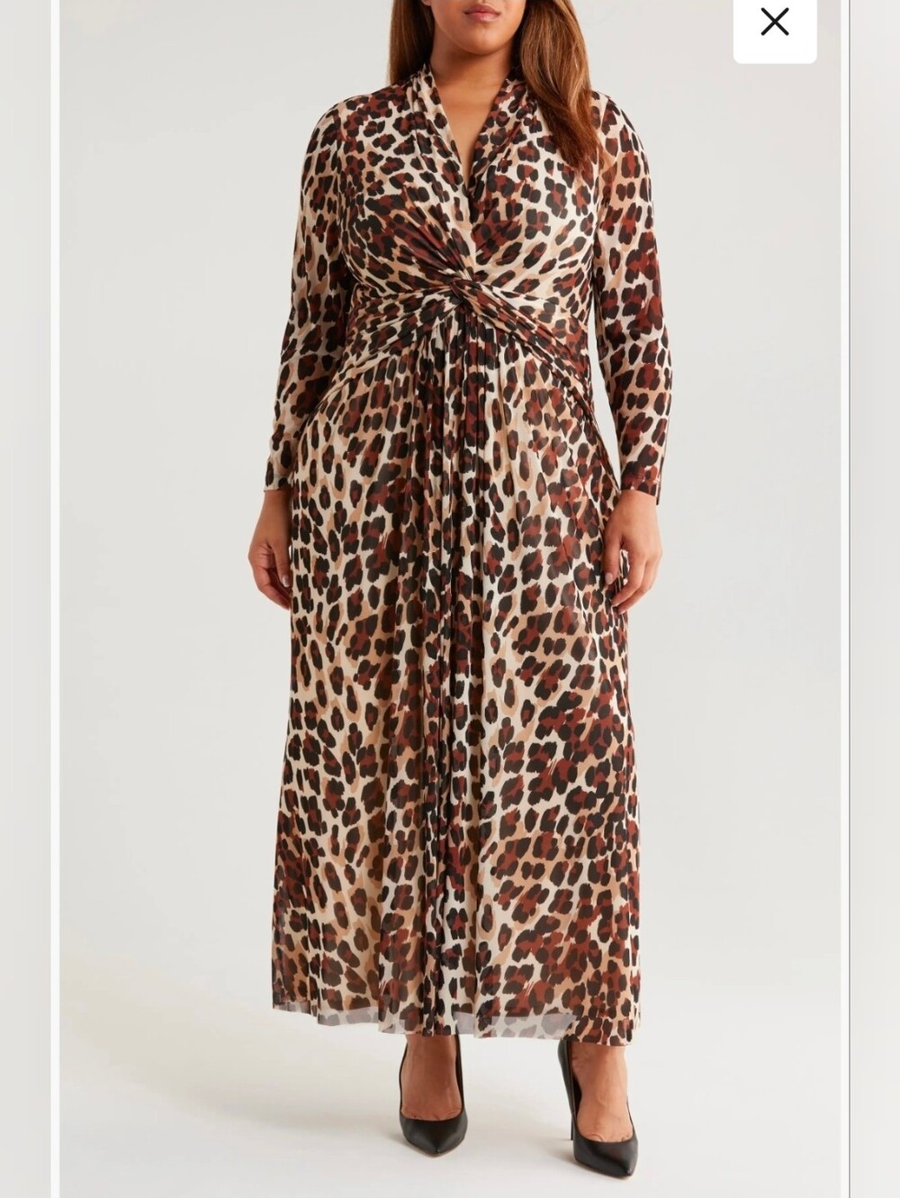 Anne Klein Leopard Print Twist Front Long Sleeve Mesh Maxi Dress Strech